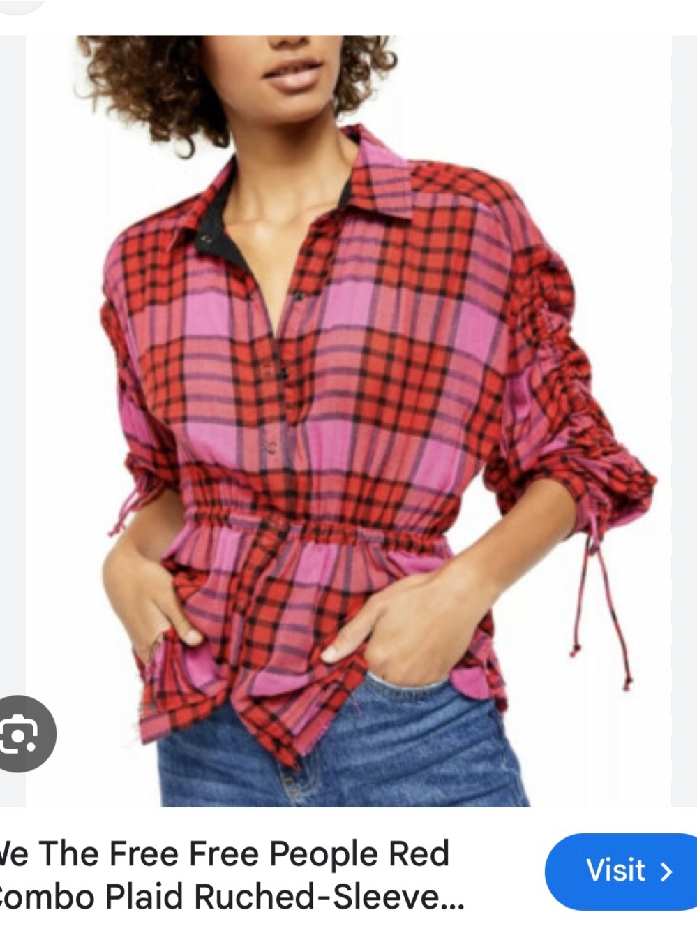 Free People Red and Pink Plaid Ruched-Sleeve Blouse